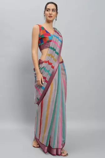 Grey printed linen casual saree with blouse piece