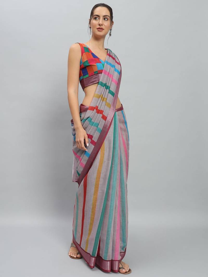 Grey printed linen casual saree with blouse piece