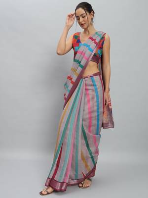 Grey printed linen casual saree with blouse piece 2