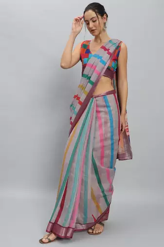 Grey printed linen casual saree with blouse piece