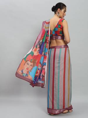 Grey printed linen casual saree with blouse piece 3