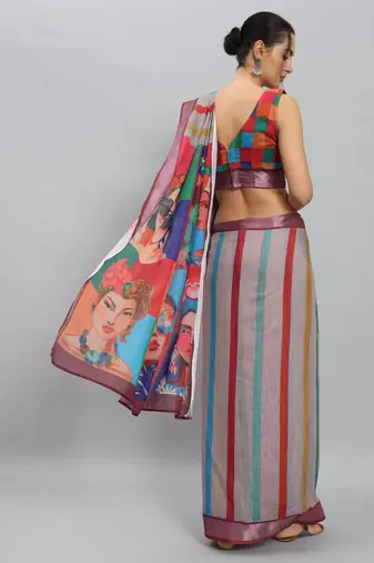 Grey printed linen casual saree with blouse piece