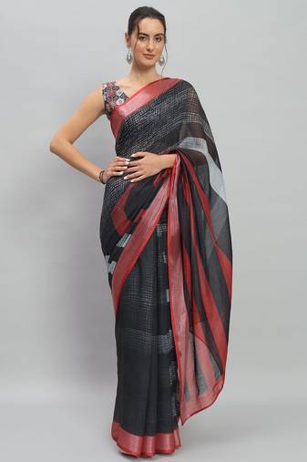 Black printed linen casual saree with blouse piece