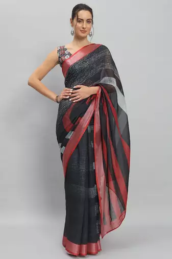 Black printed linen casual saree with blouse piece