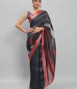 Black printed linen casual saree with blouse piece
