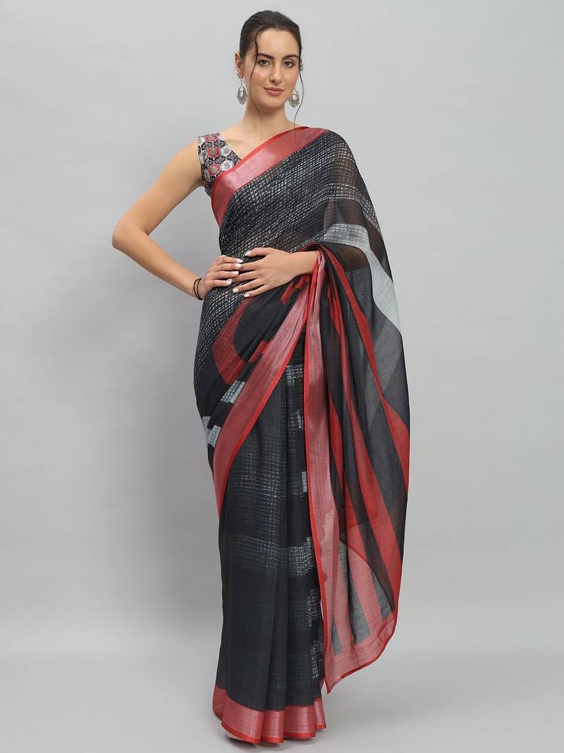Black printed linen casual saree with blouse piece