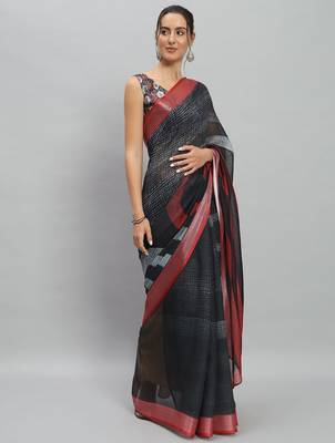 Black printed linen casual saree with blouse piece 2