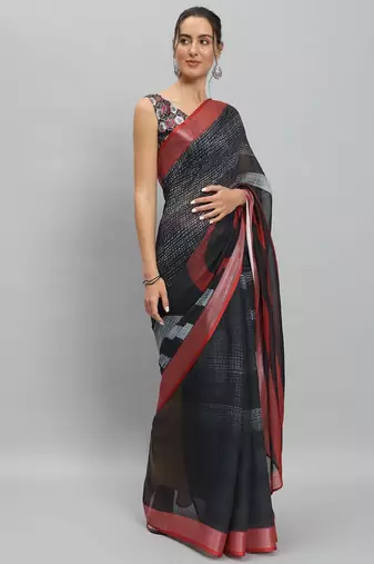 Black printed linen casual saree with blouse piece
