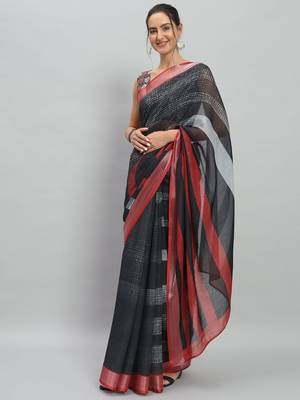Black printed linen casual saree with blouse piece 3