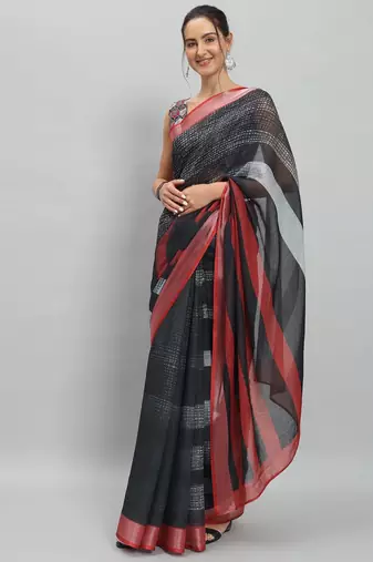 Black printed linen casual saree with blouse piece