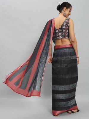 Black printed linen casual saree with blouse piece 4