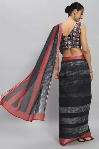 Black printed linen casual saree with blouse piece