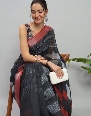 Black printed linen casual saree with blouse piece 5