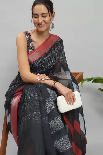 Black printed linen casual saree with blouse piece