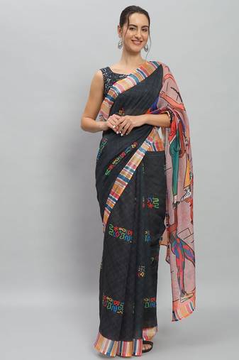 Black printed linen casual saree with blouse piece