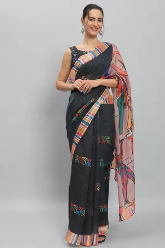 Black printed linen casual saree with blouse piece
