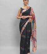 Black printed linen casual saree with blouse piece