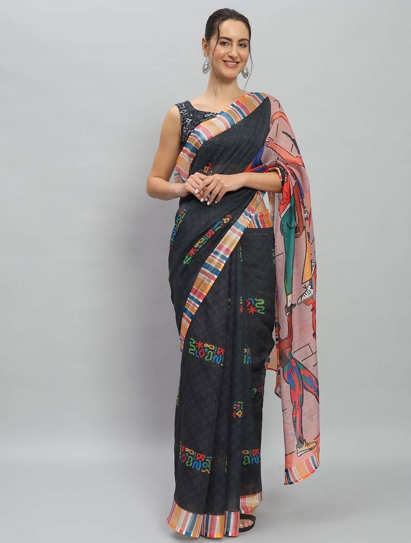 Black printed linen casual saree with blouse piece