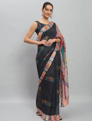 Black printed linen casual saree with blouse piece 2