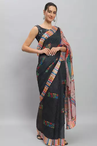 Black printed linen casual saree with blouse piece