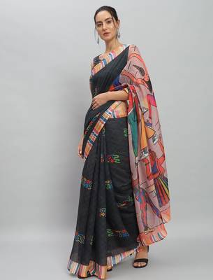 Black printed linen casual saree with blouse piece 3