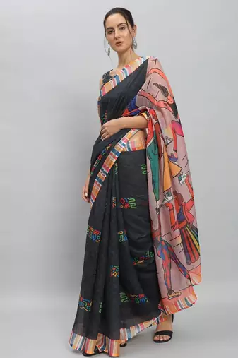 Black printed linen casual saree with blouse piece