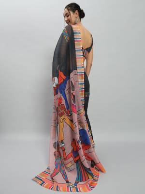 Black printed linen casual saree with blouse piece 4