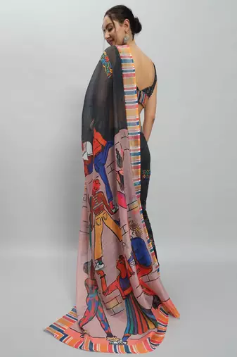 Black printed linen casual saree with blouse piece