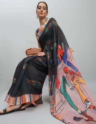 Black printed linen casual saree with blouse piece 5