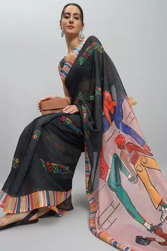 Black printed linen casual saree with blouse piece