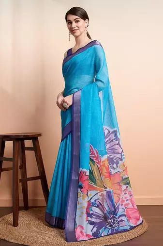 Blue printed linen casual saree with blouse piece