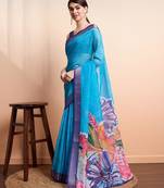 Blue printed linen casual saree with blouse piece