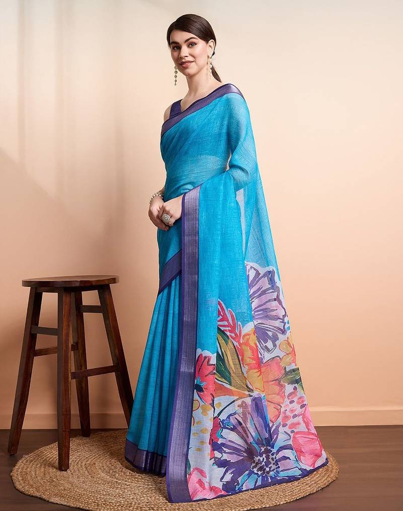 Blue printed linen casual saree with blouse piece