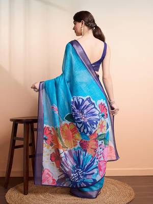 Blue printed linen casual saree with blouse piece 2