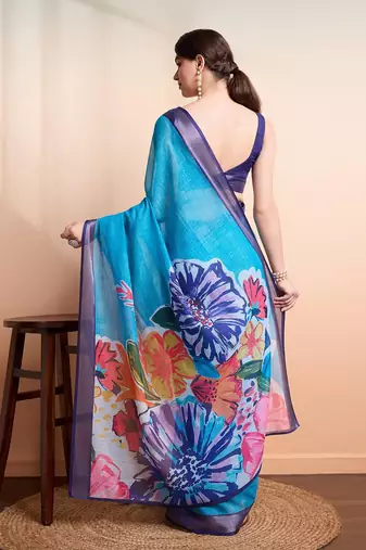 Blue printed linen casual saree with blouse piece