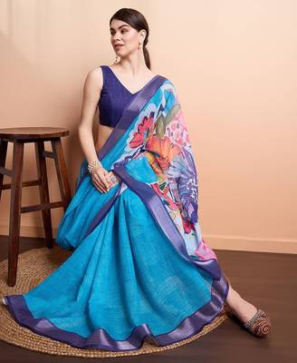 Blue printed linen casual saree with blouse piece 3