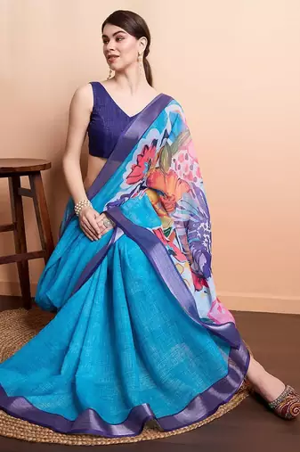 Blue printed linen casual saree with blouse piece