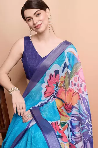 Blue printed linen casual saree with blouse piece