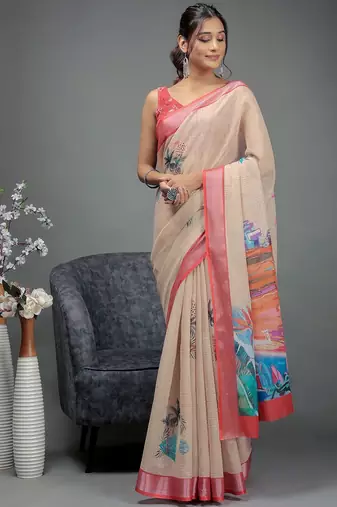 Beige printed linen casual saree with blouse piece