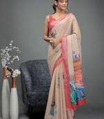Beige printed linen casual saree with blouse piece