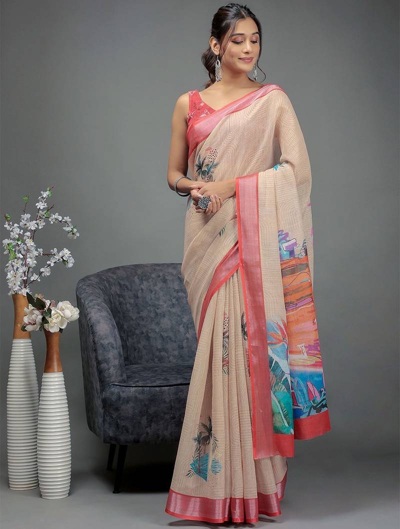 Beige printed linen casual saree with blouse piece