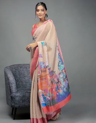 Beige printed linen casual saree with blouse piece 2