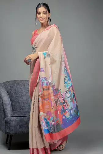 Beige printed linen casual saree with blouse piece