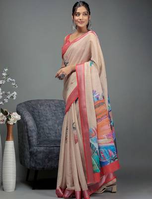 Beige printed linen casual saree with blouse piece 3