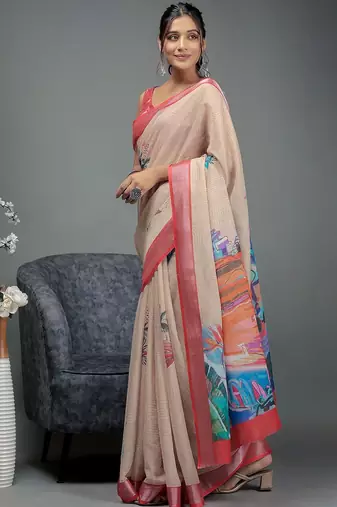 Beige printed linen casual saree with blouse piece
