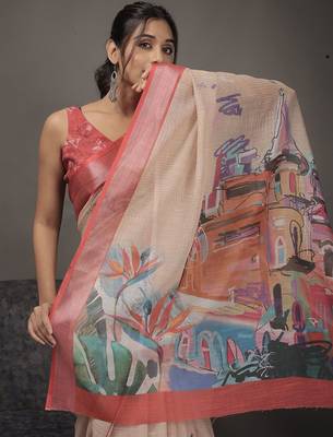 Beige printed linen casual saree with blouse piece 4