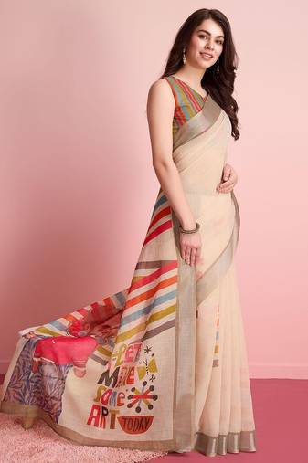 Cream printed linen casual saree with blouse piece