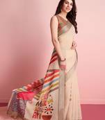 Cream printed linen casual saree with blouse piece