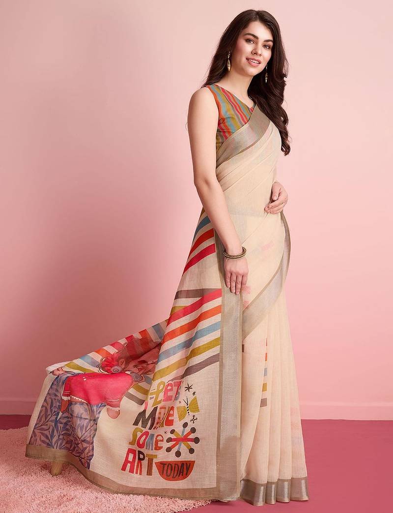 Cream printed linen casual saree with blouse piece