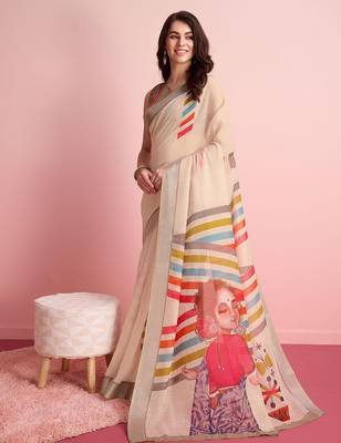 Cream printed linen casual saree with blouse piece 2